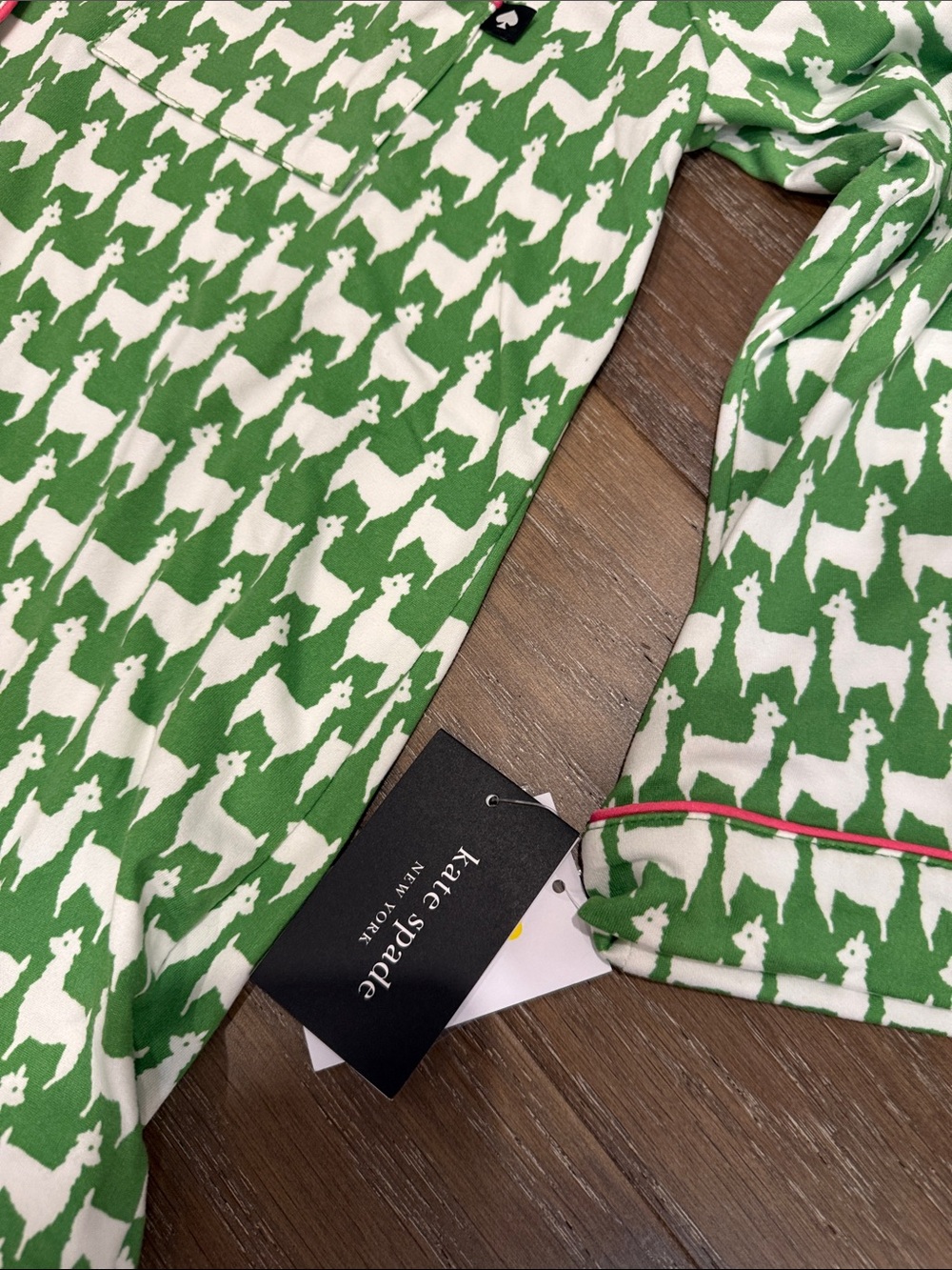 kate spade Green and White Houndstooth Pajama Set with Pink Trim Long Pants - Picture 3 of 8